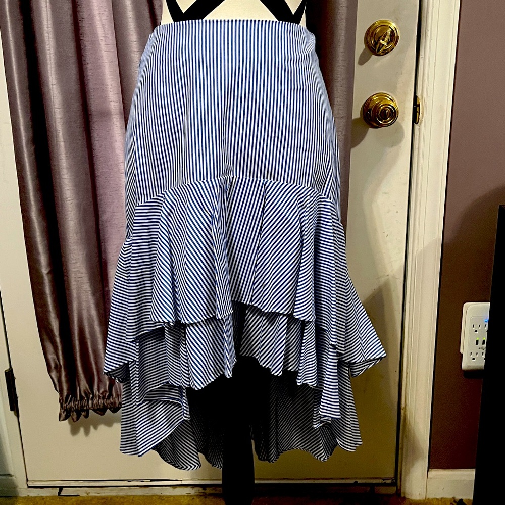 Blue and white striped high-low ruffle skirt, M